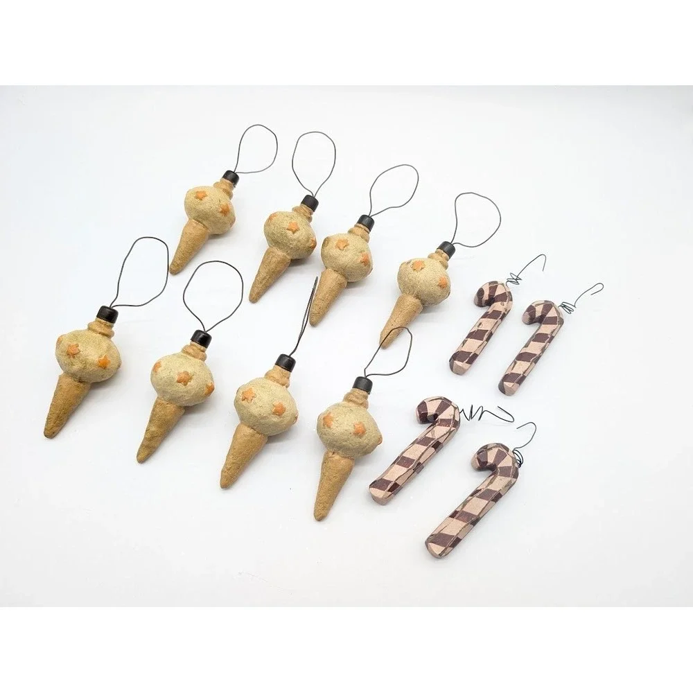 13 Lot Primitive Wood Candy Cane & Bauble Christmas Ornaments Rustic Farmhouse